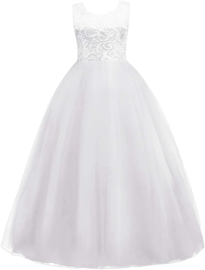 Flower Girls Vintage Lace Maxi Bridesmaid Dress Princess Birthday Wedding Party Tulle Pegeant Evening Formal Prom Dance Gown