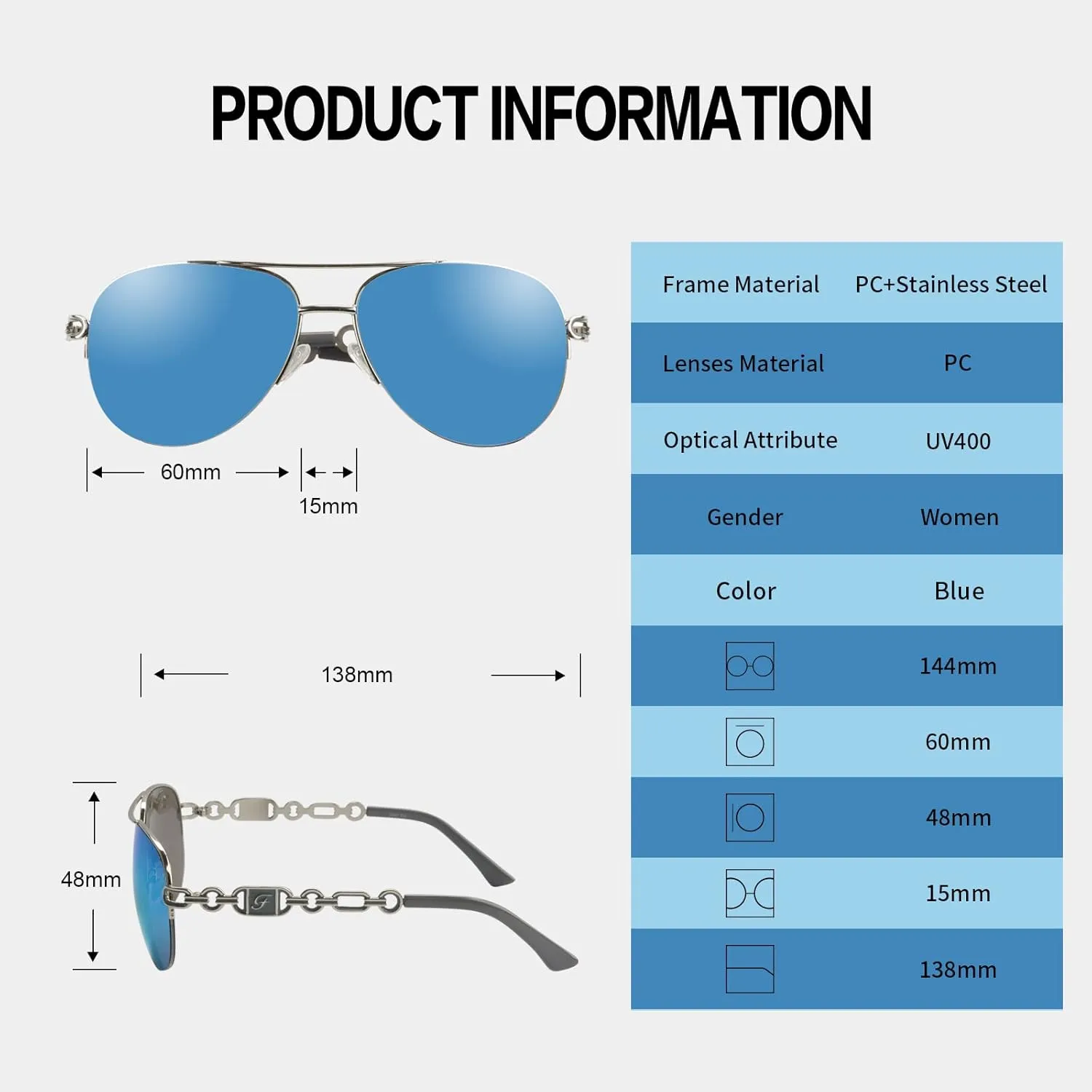 FONHCOO Aviator Sunglasses for Women Men Metal Frame UV400 Mirrored Sunglasses