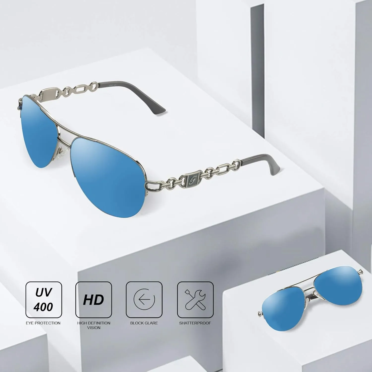 FONHCOO Aviator Sunglasses for Women Men Metal Frame UV400 Mirrored Sunglasses