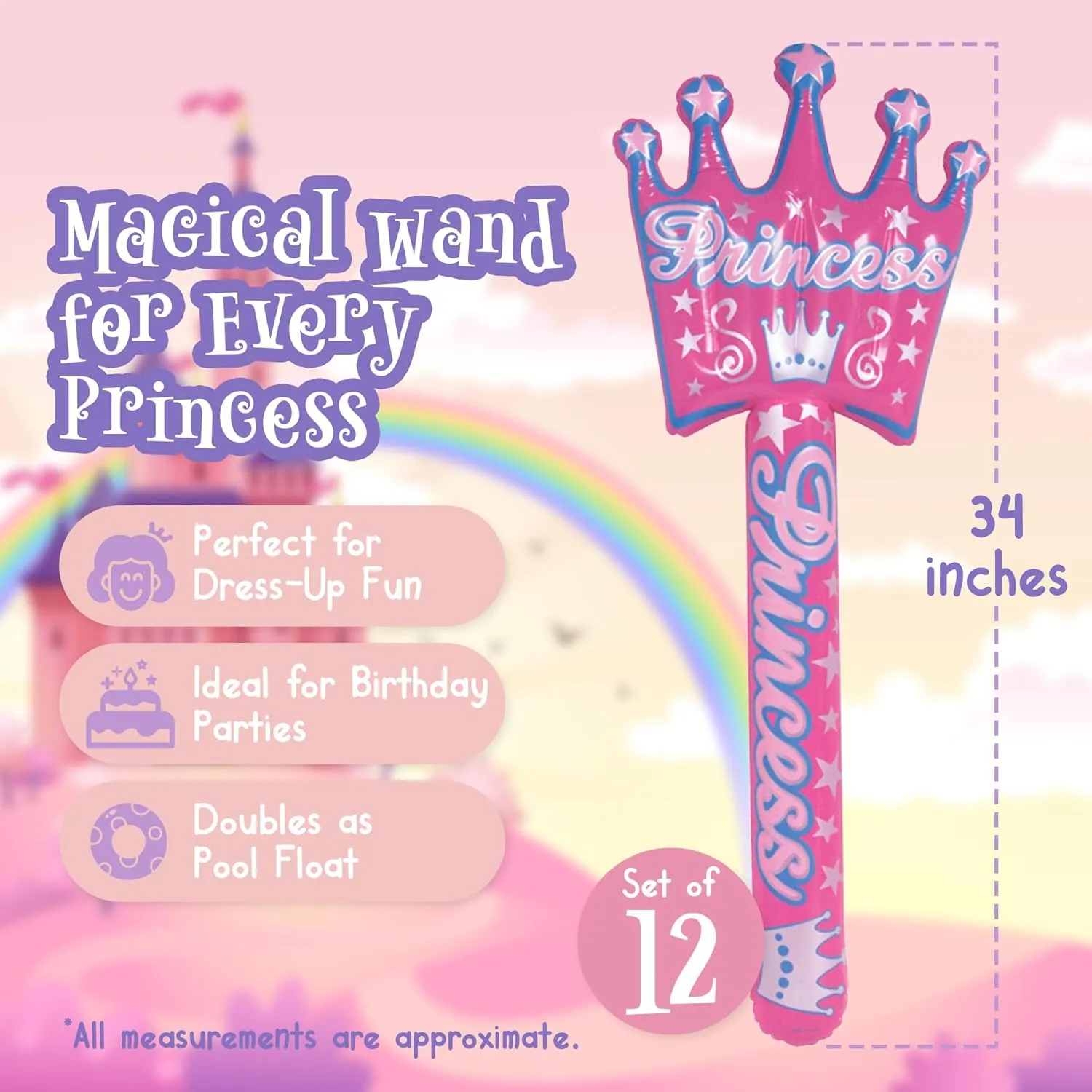 Forest & Twelfth Magical Inflatable 34” Princess Wand Inflatable Princess Fairy Wand for Girl’s Dress-Up Costume Parties, Pretend Role Play, Halloween, Birthday Party Supplies (Pack of 12)
