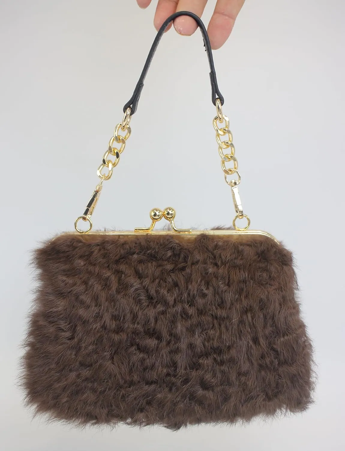 Fosrion Faux Karakul Rabbit Fur Clutch – Small Kiss Lock Purse with Short Handle and Shoulder Strap