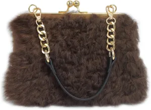 Fosrion Faux Karakul Rabbit Fur Clutch – Small Kiss Lock Purse with Short Handle and Shoulder Strap