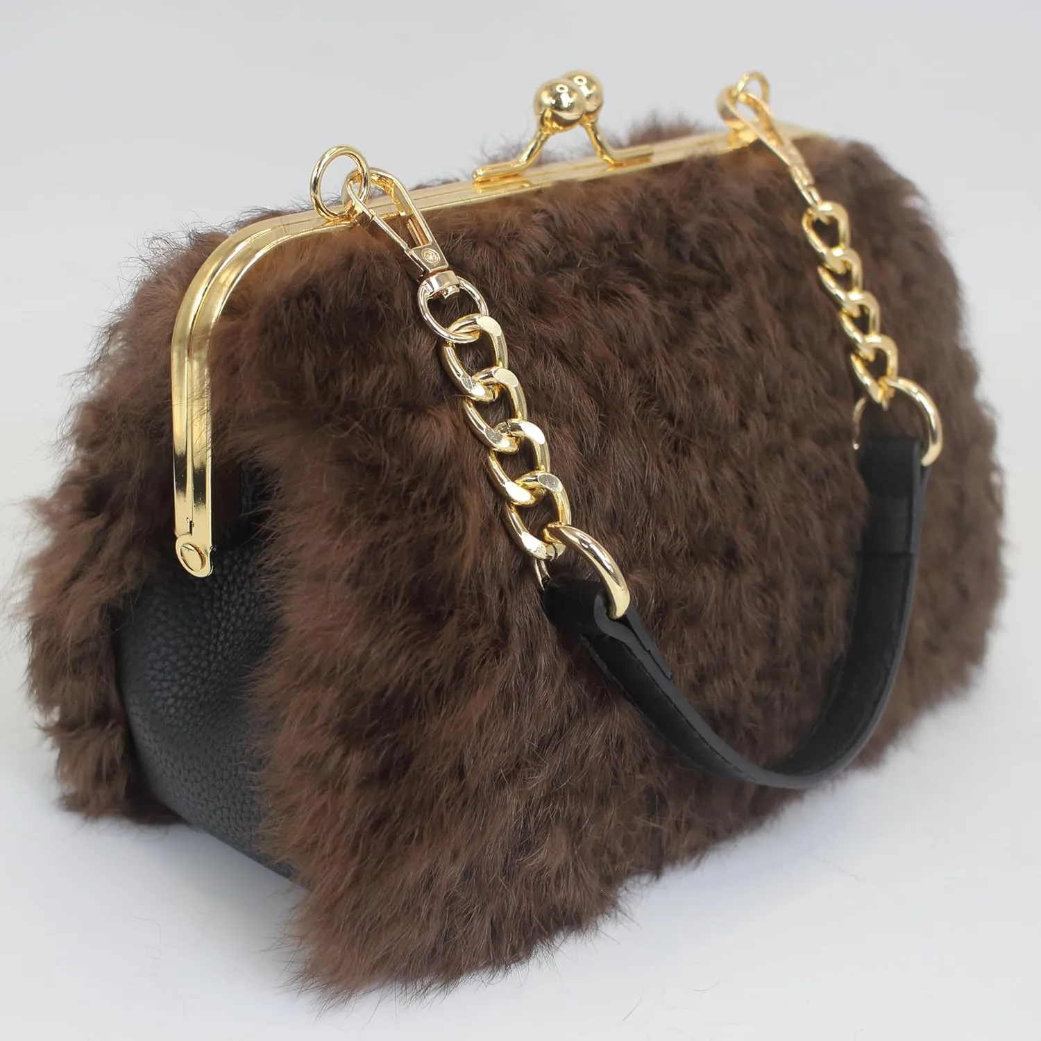 Fosrion Faux Karakul Rabbit Fur Clutch – Small Kiss Lock Purse with Short Handle and Shoulder Strap
