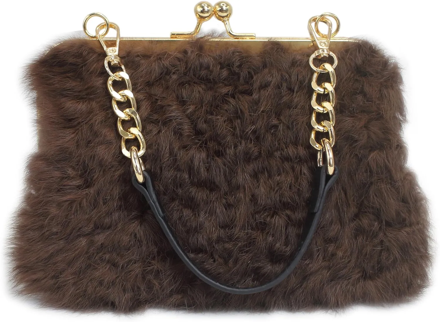 Fosrion Faux Karakul Rabbit Fur Clutch – Small Kiss Lock Purse with Short Handle and Shoulder Strap