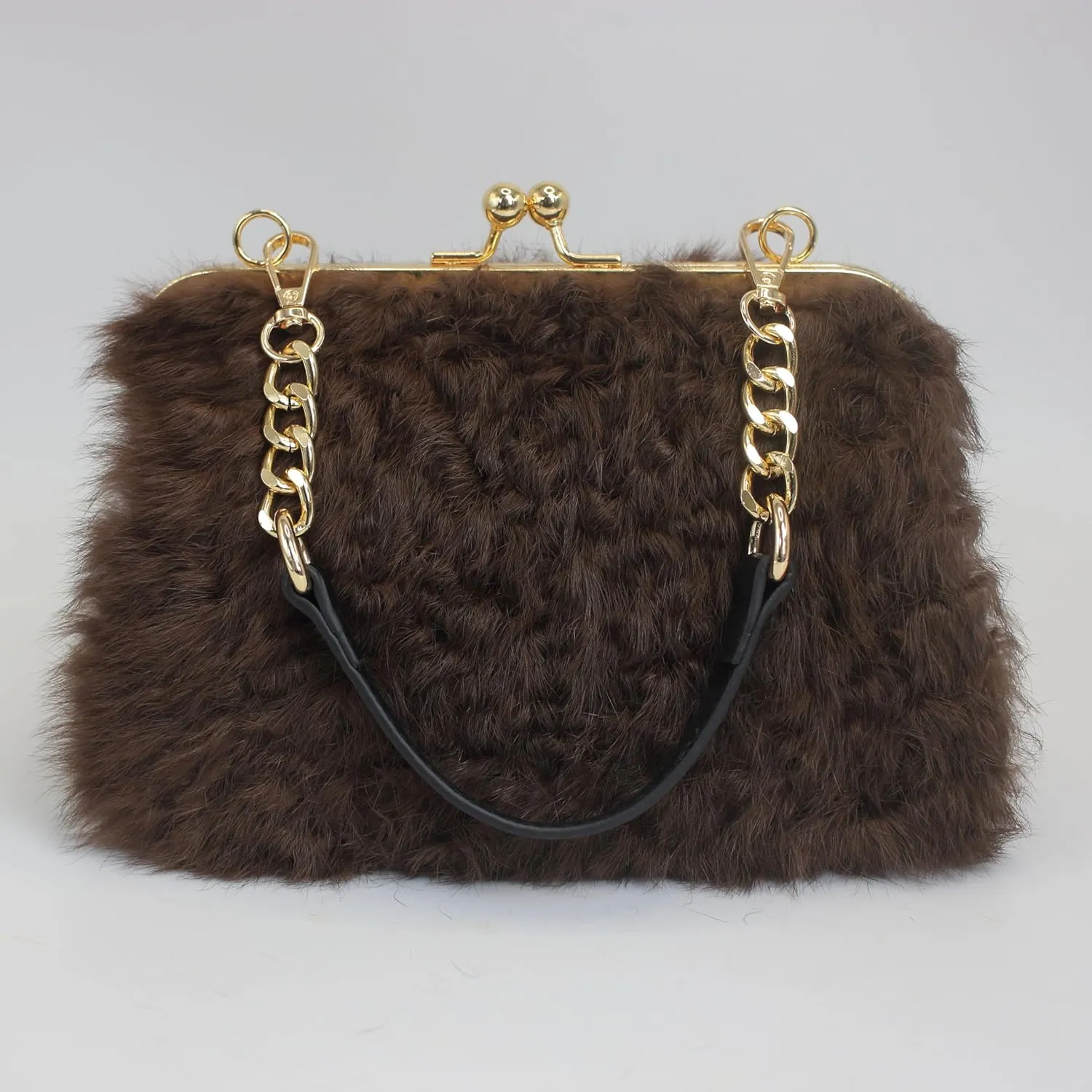 Fosrion Faux Karakul Rabbit Fur Clutch – Small Kiss Lock Purse with Short Handle and Shoulder Strap