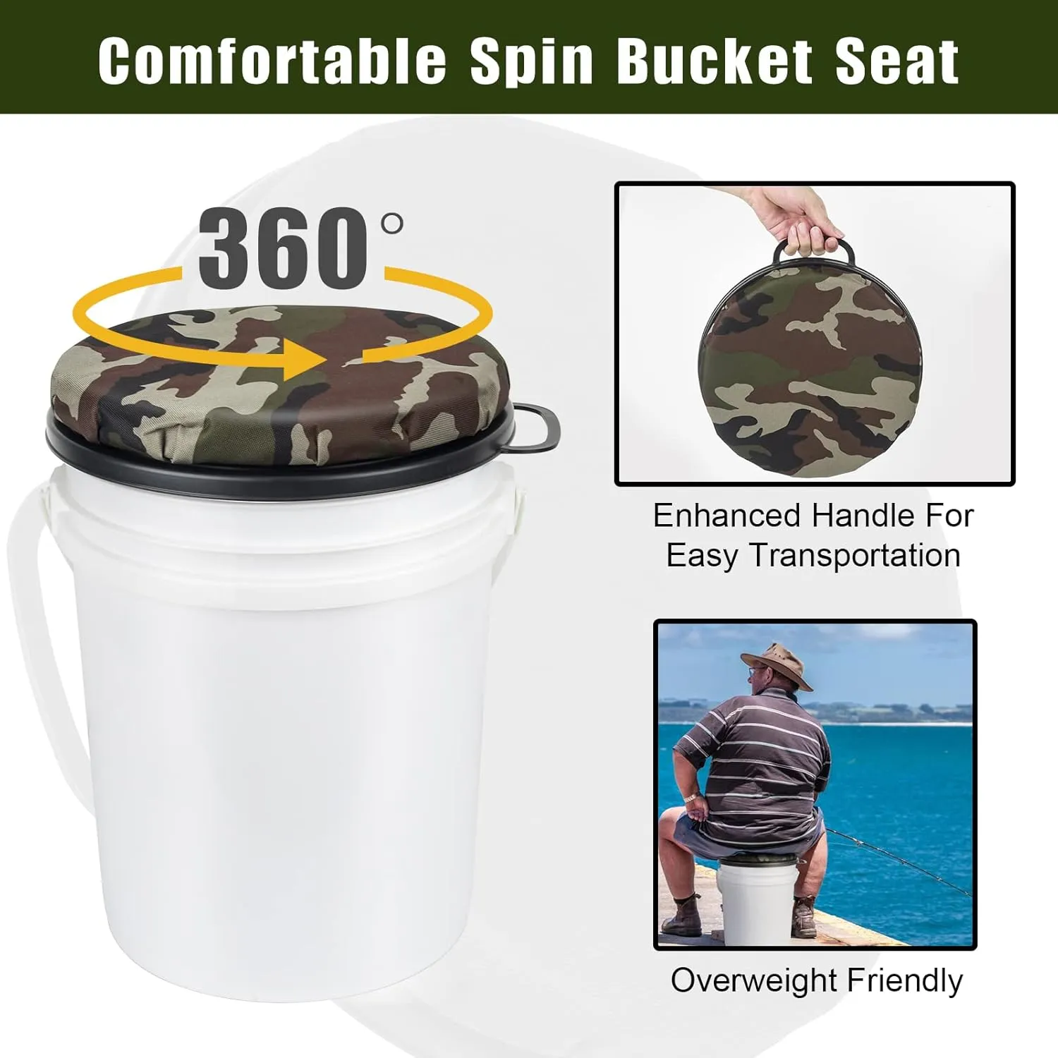 Foxtune 360-Degree Swivel Bucket Seat, 5 Gallon Bucket Lid, Spin Bucket Seat Cushion, Silent, Comfortable, Water-Resistant, for Fishing, Gardening, Hunting and Camping