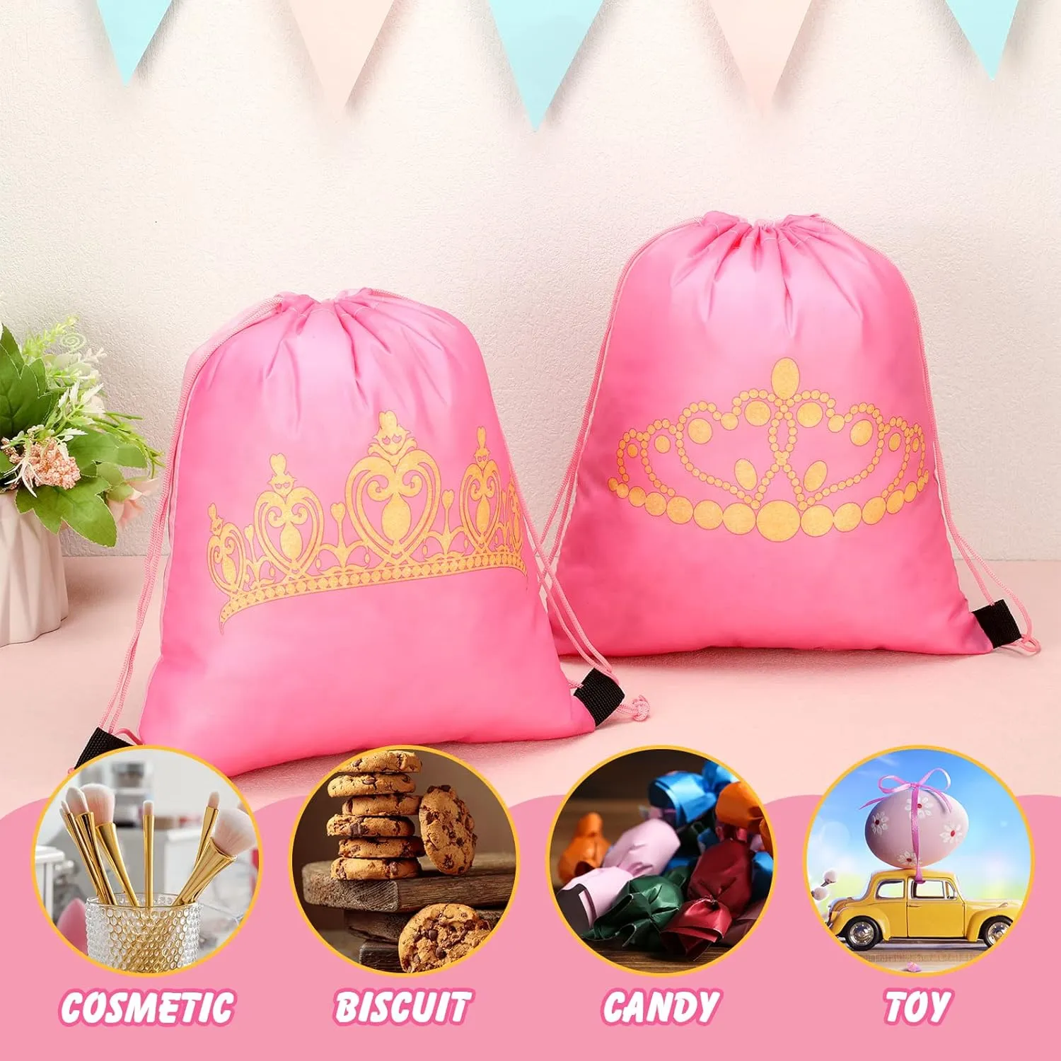Funtery 16 Pcs Princess Party Favor Bags Princess Gift Bags Pink Crown Goodie Drawstring for Birthday Wedding Party Supplies