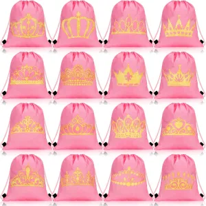 Funtery 16 Pcs Princess Party Favor Bags Princess Gift Bags Pink Crown Goodie Drawstring for Birthday Wedding Party Supplies