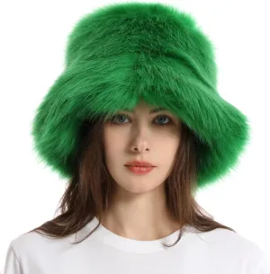 Fuzzy Bucket Hat for Women Winter Fluffy Furry Plush Faux Fur Hats Rainbow Cute Women's Bucket Hats
