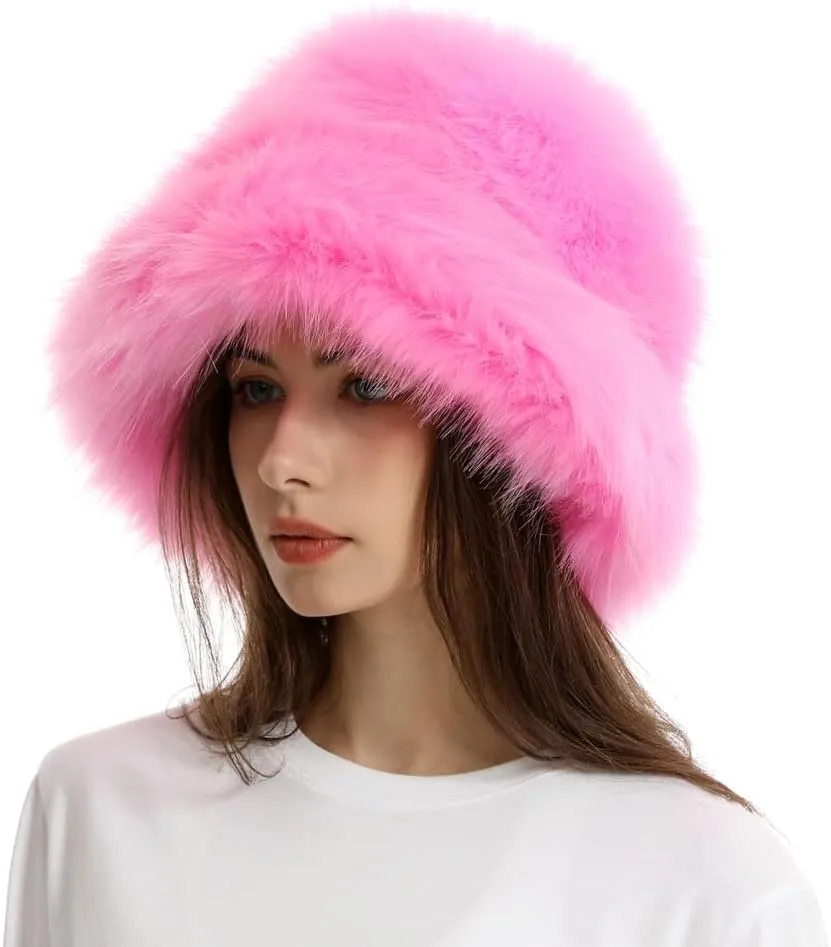 Fuzzy Bucket Hat Y2k Fashion Warm Winter Hat Fluffy Furry Plush Faux Fur Hats Fishing Hat Bucket Hats for Women 2024