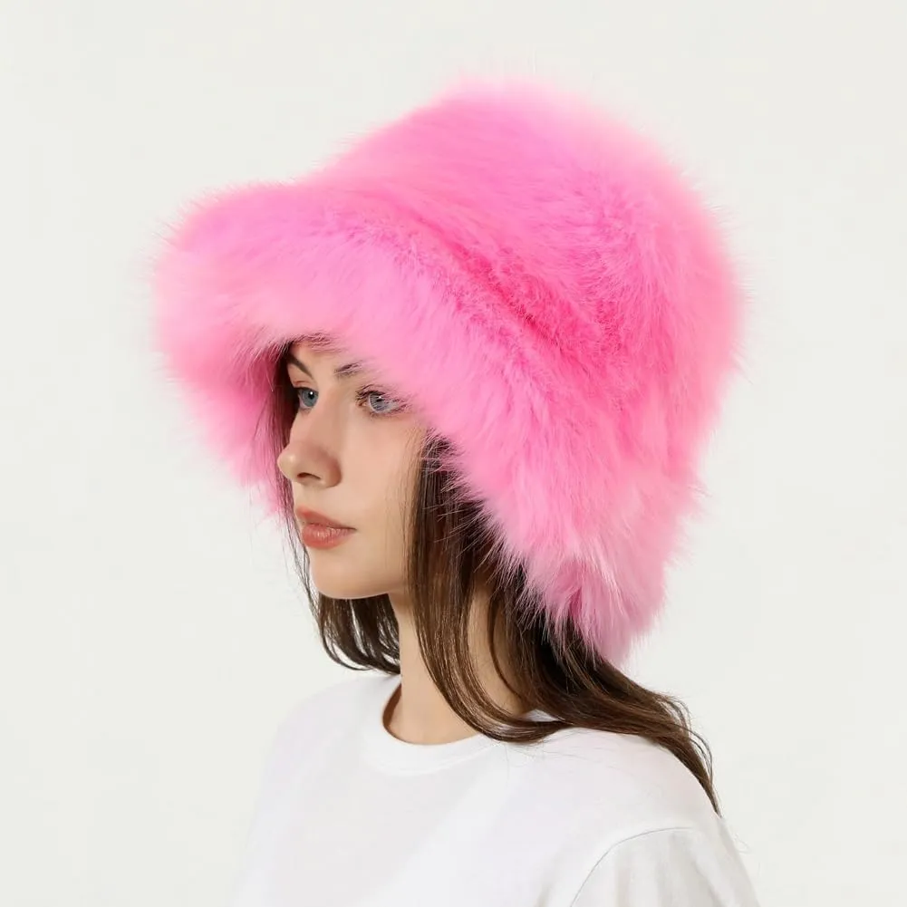 Fuzzy Bucket Hat Y2k Fashion Warm Winter Hat Fluffy Furry Plush Faux Fur Hats Fishing Hat Bucket Hats for Women 2024
