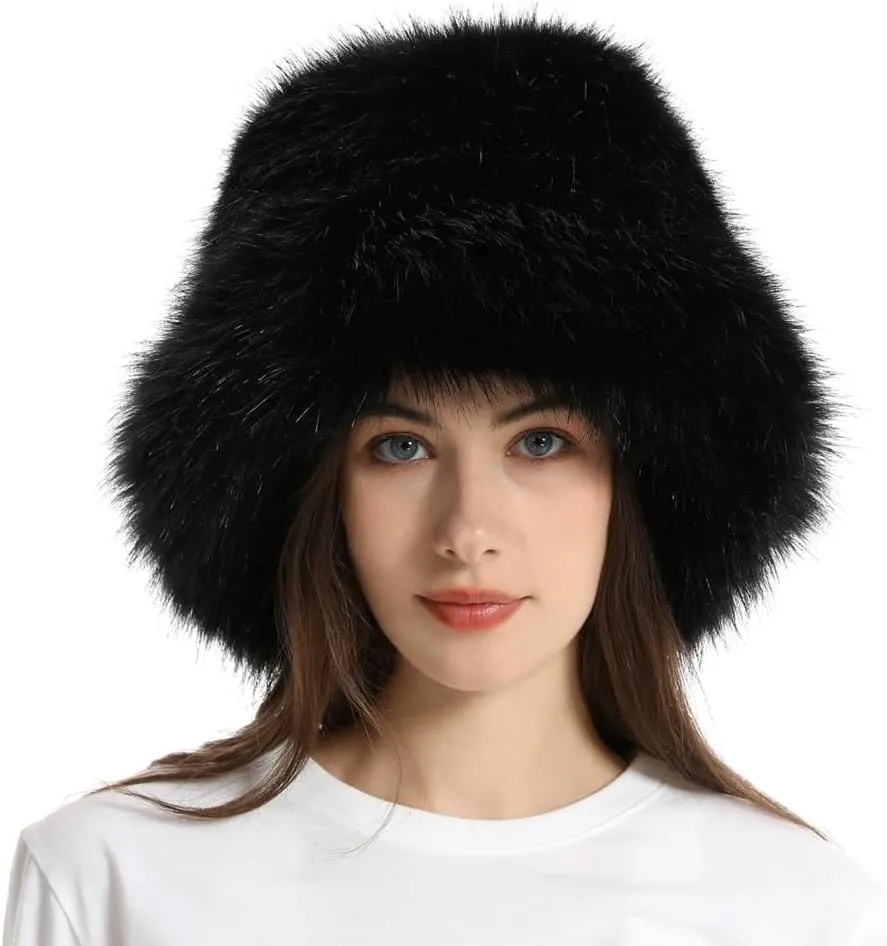 Fuzzy Bucket Hat Y2k Fashion Warm Winter Hat Fluffy Furry Plush Faux Fur Hats Fishing Hat Bucket Hats for Women 2024