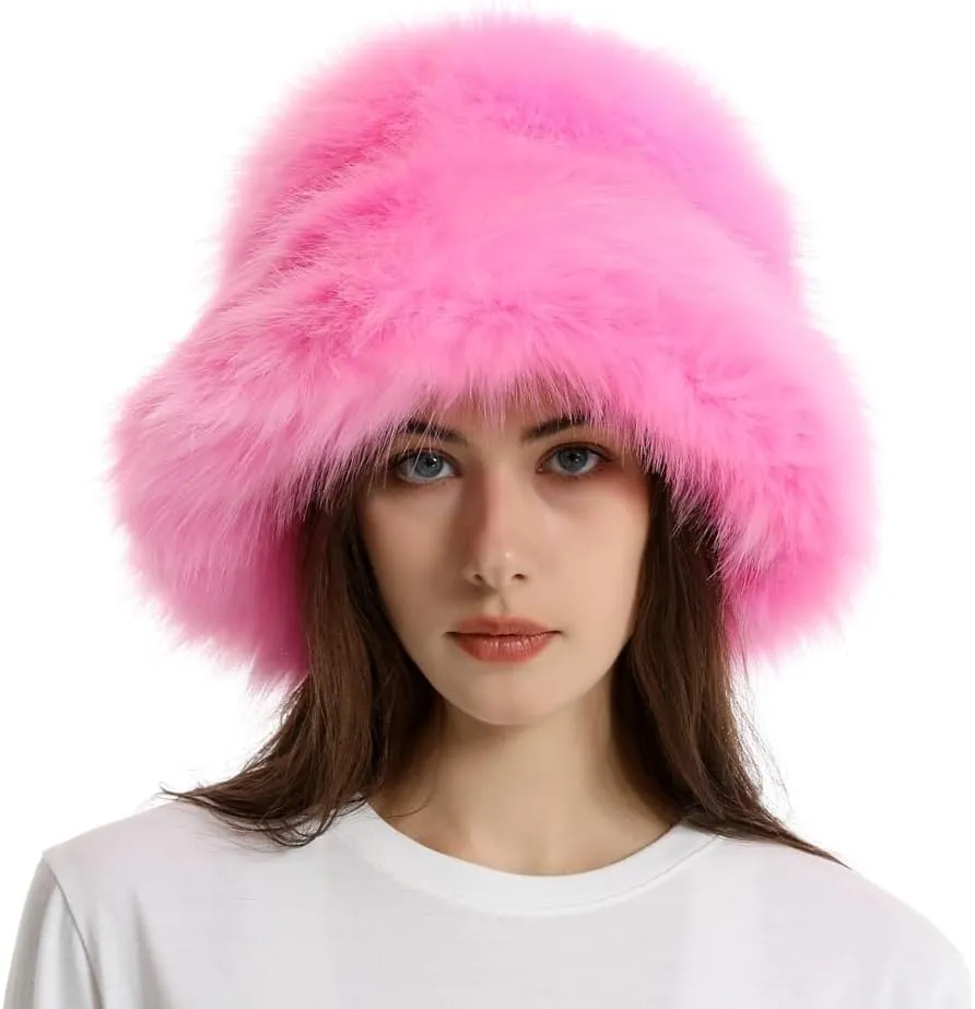 Fuzzy Bucket Hat Y2k Fashion Warm Winter Hat Fluffy Furry Plush Faux Fur Hats Fishing Hat Bucket Hats for Women 2024
