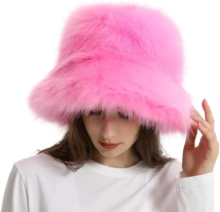 Fuzzy Bucket Hat Y2k Fashion Warm Winter Hat Fluffy Furry Plush Faux Fur Hats Fishing Hat Bucket Hats for Women 2024