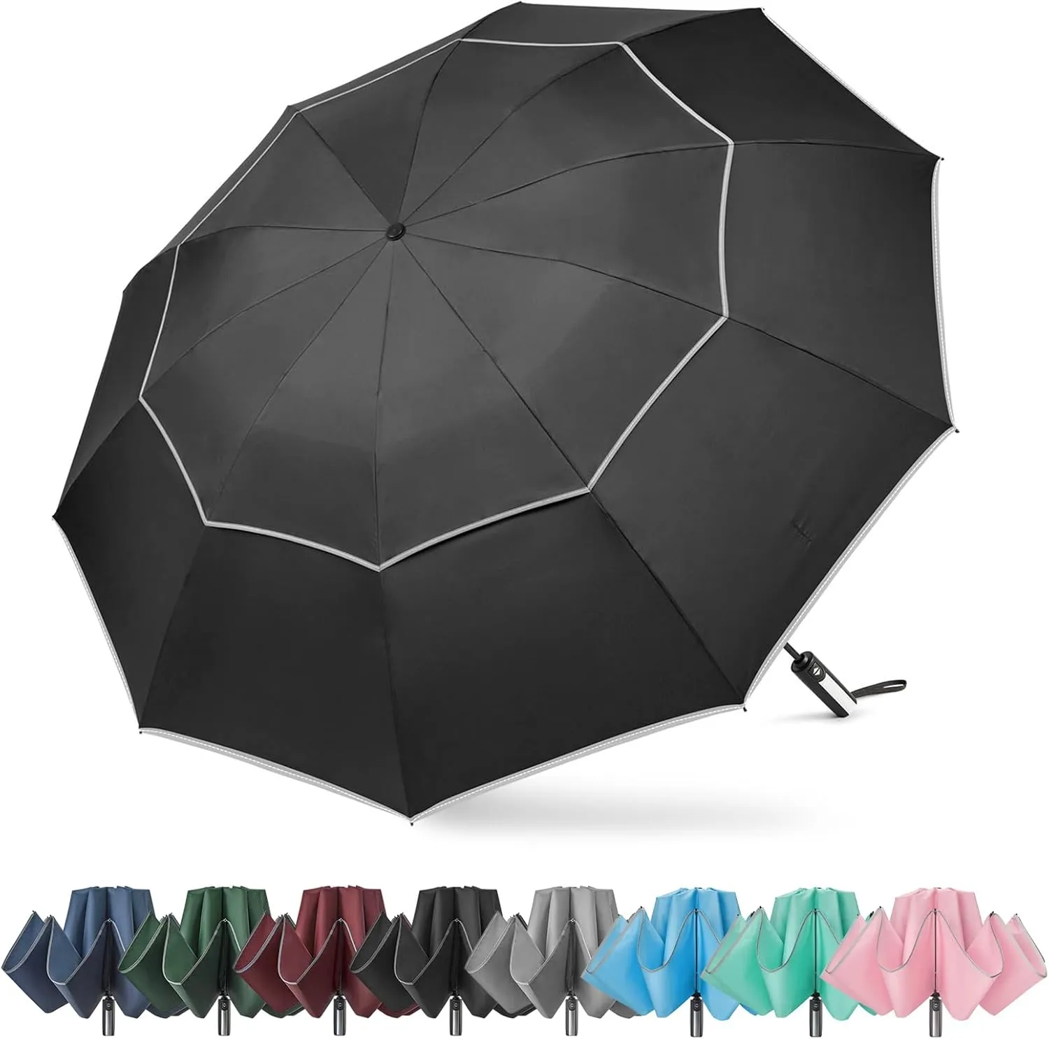 G4Free 54/62 Inch Windproof Inverted Umbrella with Reflective Stripe Large Compact Reverse Golf Umbrella for Rain 10 Ribs Double Canopy Travel Umbrella Automatic Open Close