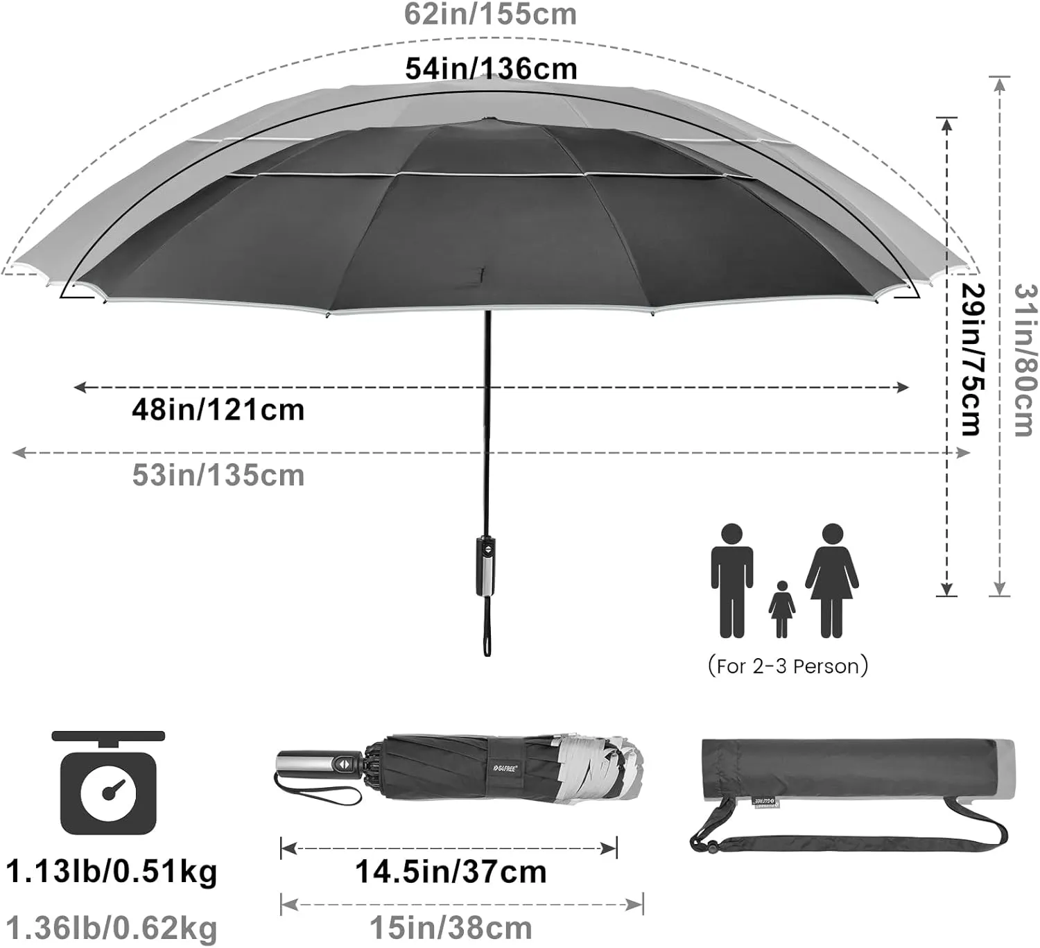 G4Free 54/62 Inch Windproof Inverted Umbrella with Reflective Stripe Large Compact Reverse Golf Umbrella for Rain 10 Ribs Double Canopy Travel Umbrella Automatic Open Close