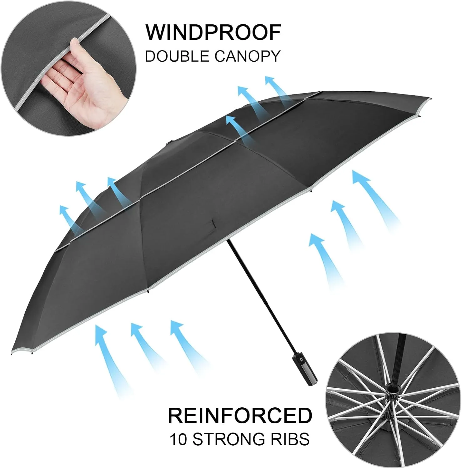 G4Free 54/62 Inch Windproof Inverted Umbrella with Reflective Stripe Large Compact Reverse Golf Umbrella for Rain 10 Ribs Double Canopy Travel Umbrella Automatic Open Close