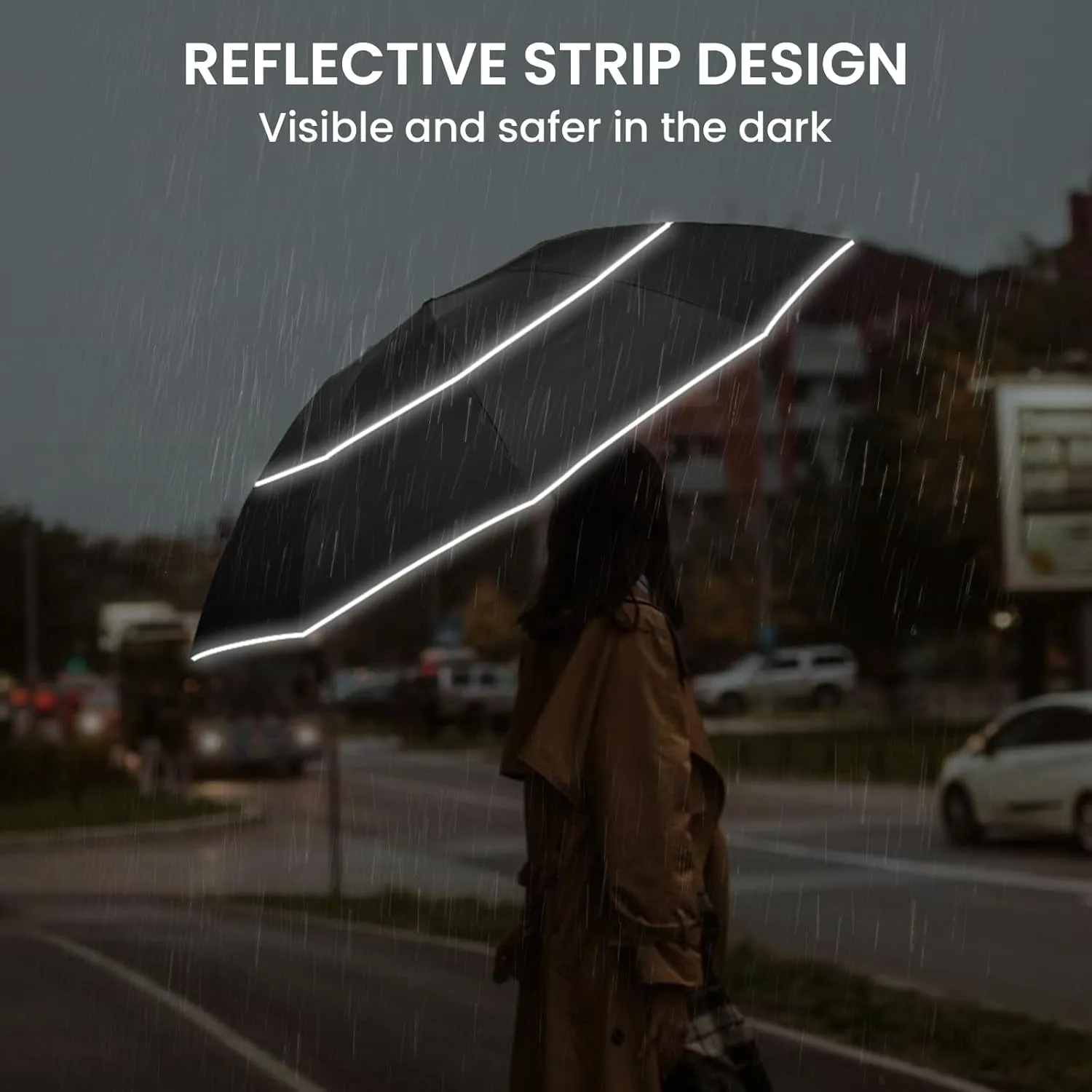 G4Free 54/62 Inch Windproof Inverted Umbrella with Reflective Stripe Large Compact Reverse Golf Umbrella for Rain 10 Ribs Double Canopy Travel Umbrella Automatic Open Close