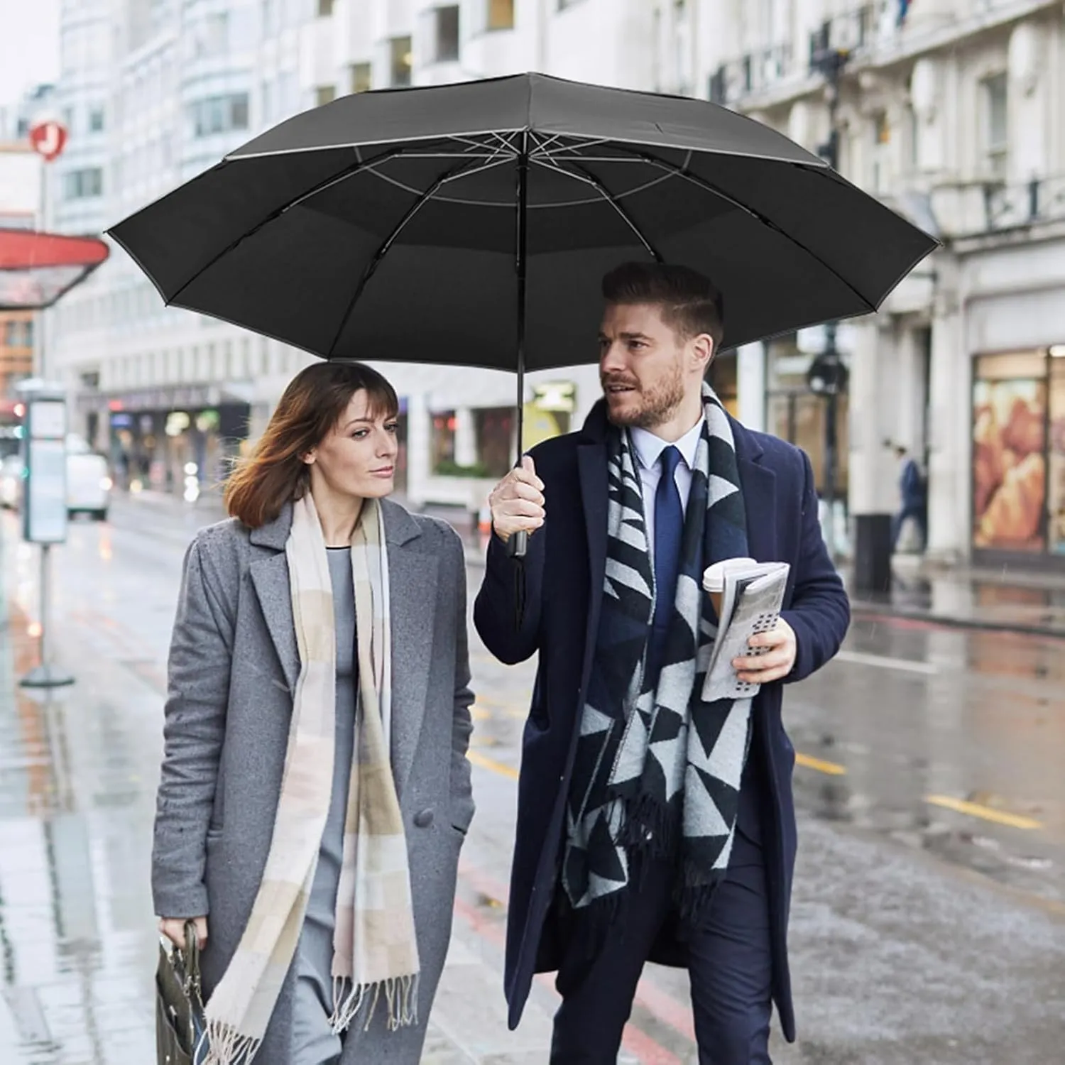 G4Free 54/62 Inch Windproof Inverted Umbrella with Reflective Stripe Large Compact Reverse Golf Umbrella for Rain 10 Ribs Double Canopy Travel Umbrella Automatic Open Close