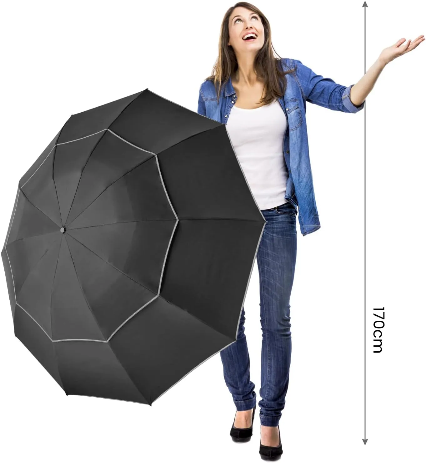 G4Free 54/62 Inch Windproof Inverted Umbrella with Reflective Stripe Large Compact Reverse Golf Umbrella for Rain 10 Ribs Double Canopy Travel Umbrella Automatic Open Close