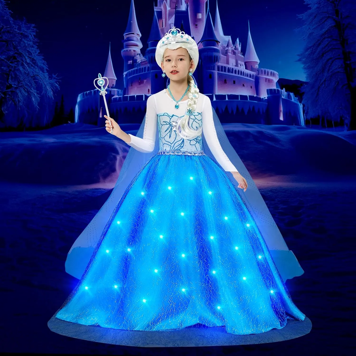 G.C Girls Light Up Princess Dress Costume Toddler Princess Dress Up with Cape Kids Wig Crown Toys Halloween Cosplay