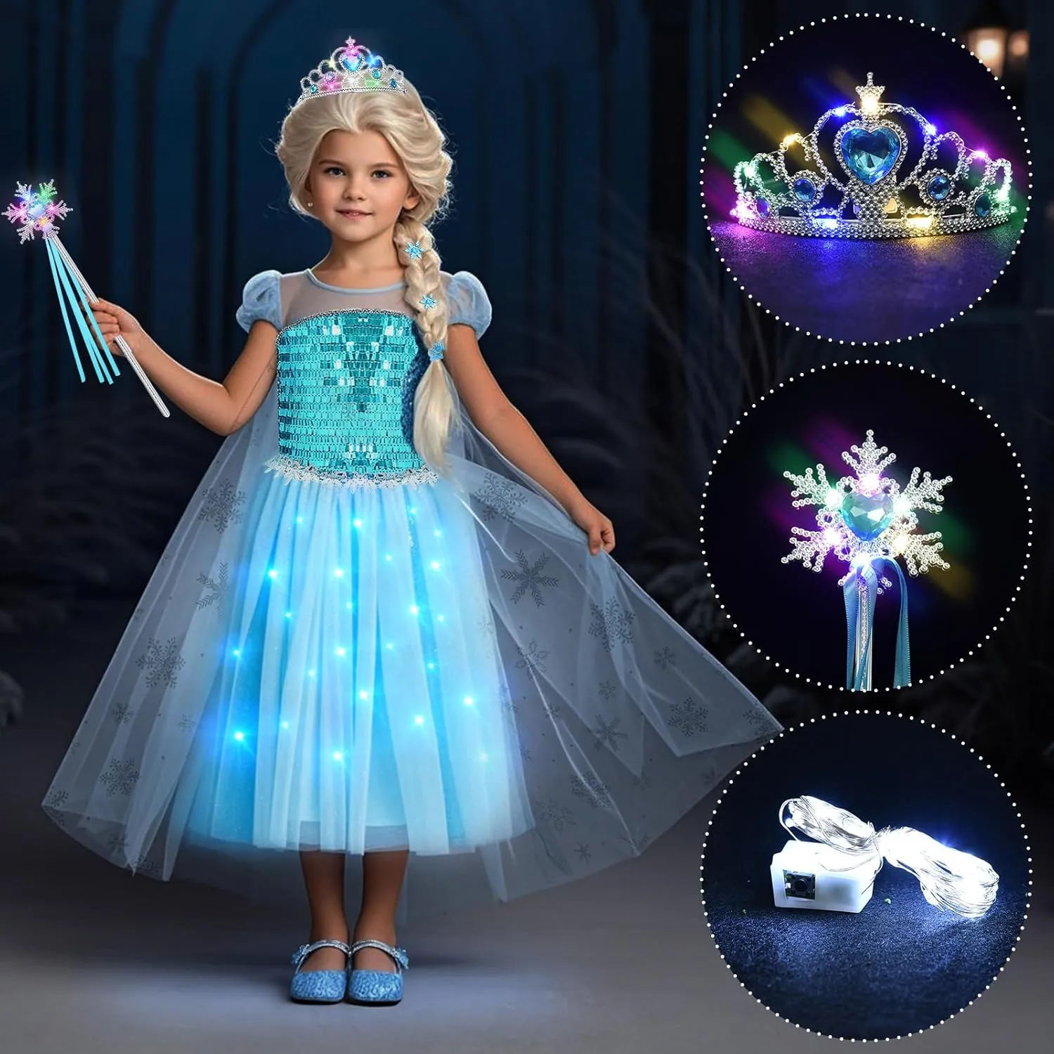 G.C Girls Light Up Princess Dress Costume with Cape Kids Wig Crown Toys Toddler Princess Dress Up Outfit Halloween Gifts