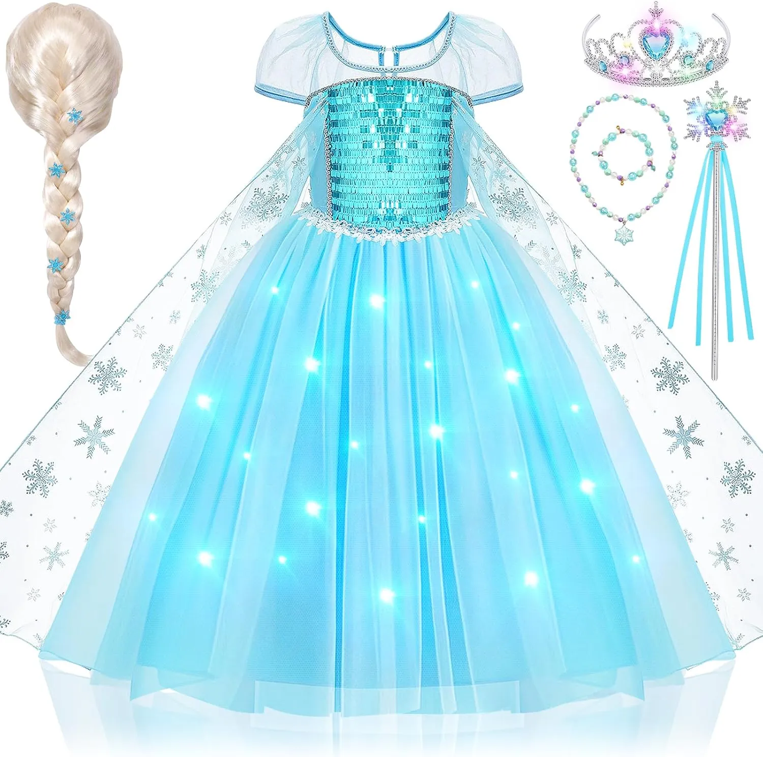 G.C Girls Light Up Princess Dress Costume with Cape Kids Wig Crown Toys Toddler Princess Dress Up Outfit Halloween Gifts