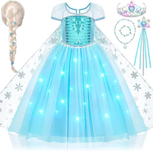 G.C Girls Light Up Princess Dress Costume with Cape Kids Wig Crown Toys Toddler Princess Dress Up Outfit Halloween Gifts
