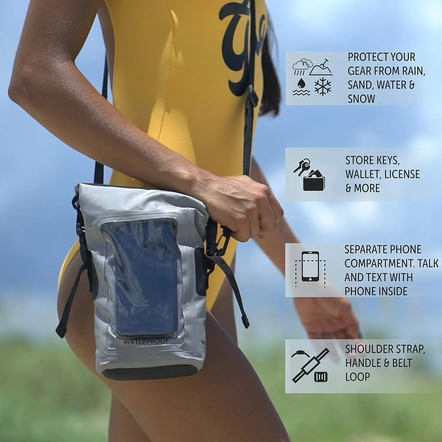 geckobrands Waterproof Phone Tote with 2L Dry Bag and Adjustable Strap – Protect Your Phone and Valuables While on The Go Grey