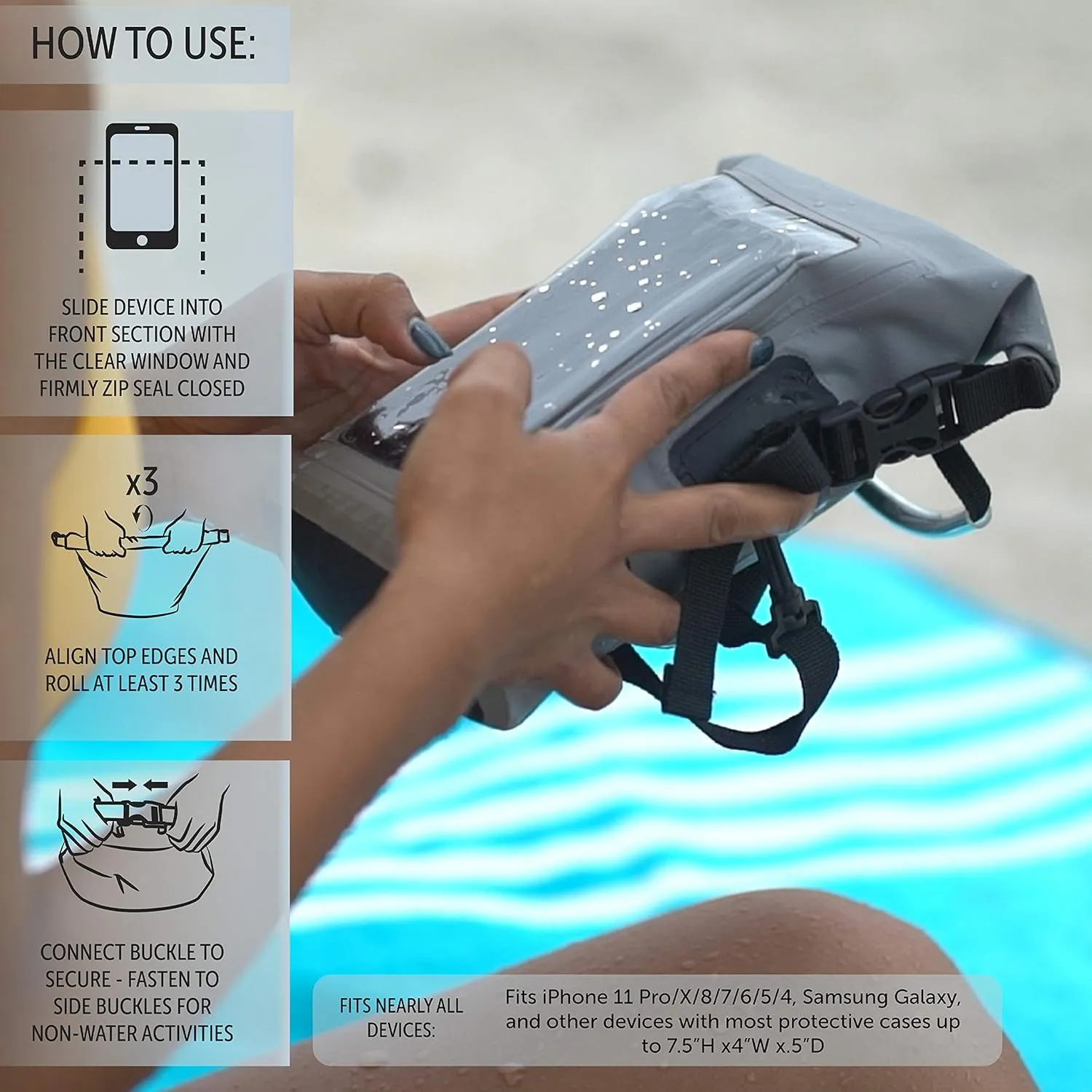 geckobrands Waterproof Phone Tote with 2L Dry Bag and Adjustable Strap – Protect Your Phone and Valuables While on The Go Grey