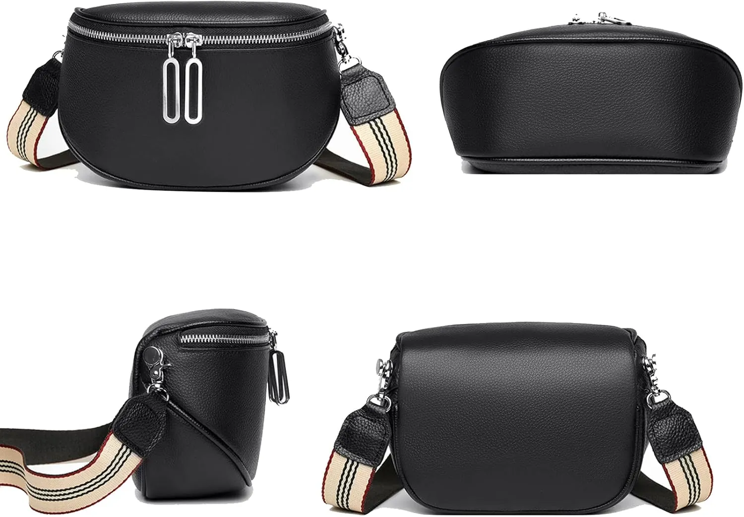 Genuine Leather Crossbody Fanny Packs for Women Fashion Belt Bag Chest Purses Casual Sling Waist Bag with Zipper Closure (Black)