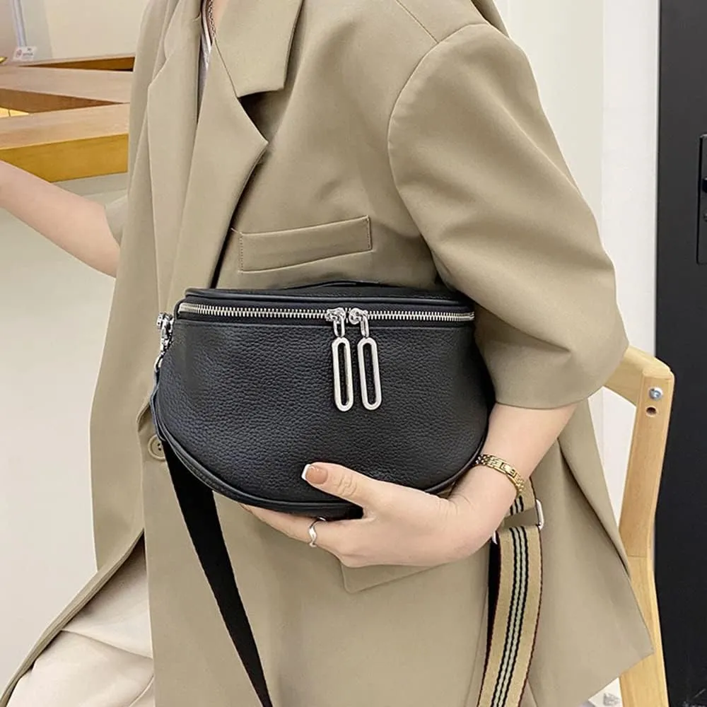 Genuine Leather Crossbody Fanny Packs for Women Fashion Belt Bag Chest Purses Casual Sling Waist Bag with Zipper Closure (Black)