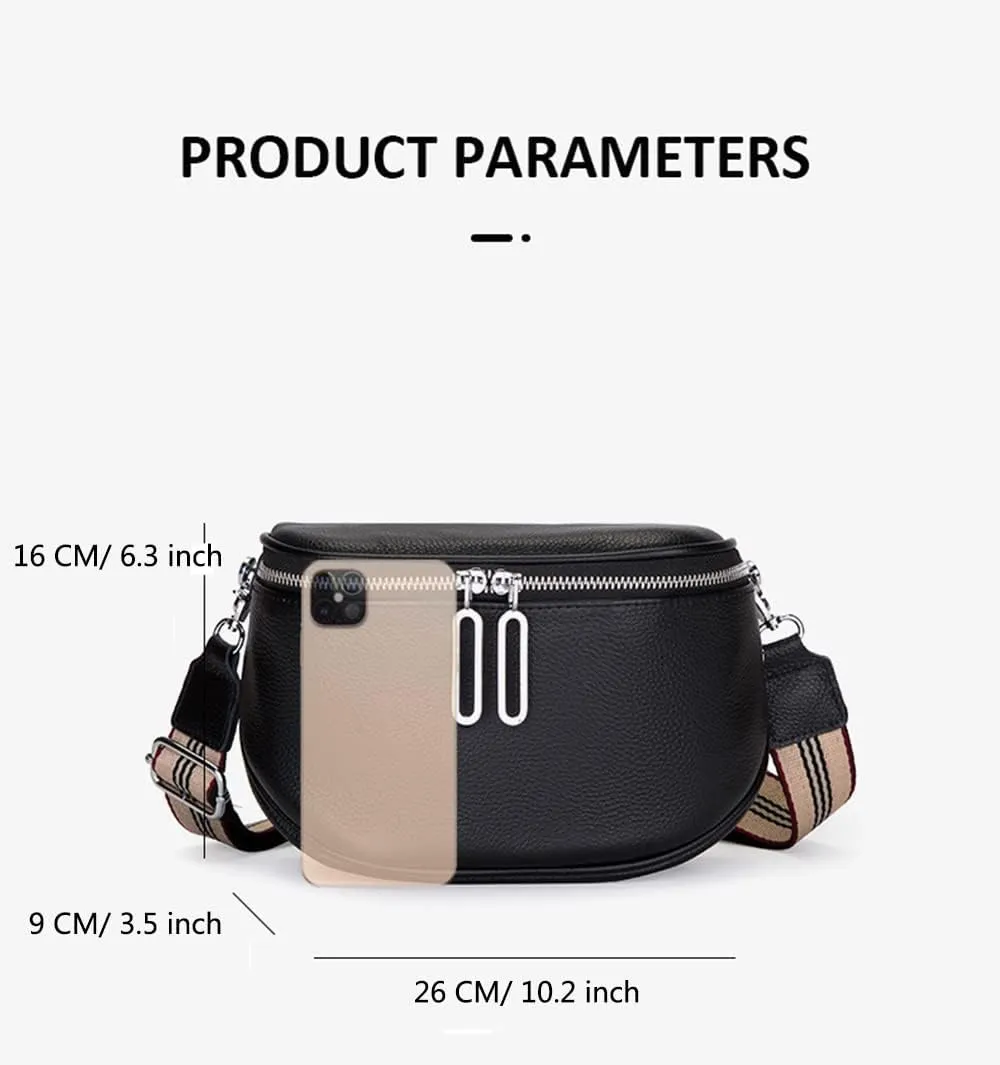 Genuine Leather Crossbody Fanny Packs for Women Fashion Belt Bag Chest Purses Casual Sling Waist Bag with Zipper Closure (Black)