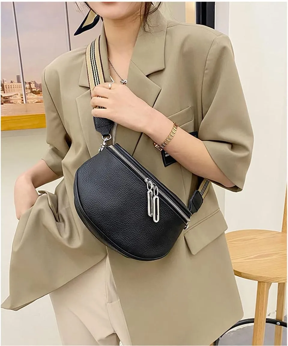 Genuine Leather Crossbody Fanny Packs for Women Fashion Belt Bag Chest Purses Casual Sling Waist Bag with Zipper Closure (Black)