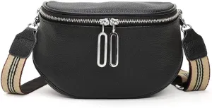 Genuine Leather Crossbody Fanny Packs for Women Fashion Belt Bag Chest Purses Casual Sling Waist Bag with Zipper Closure (Black)