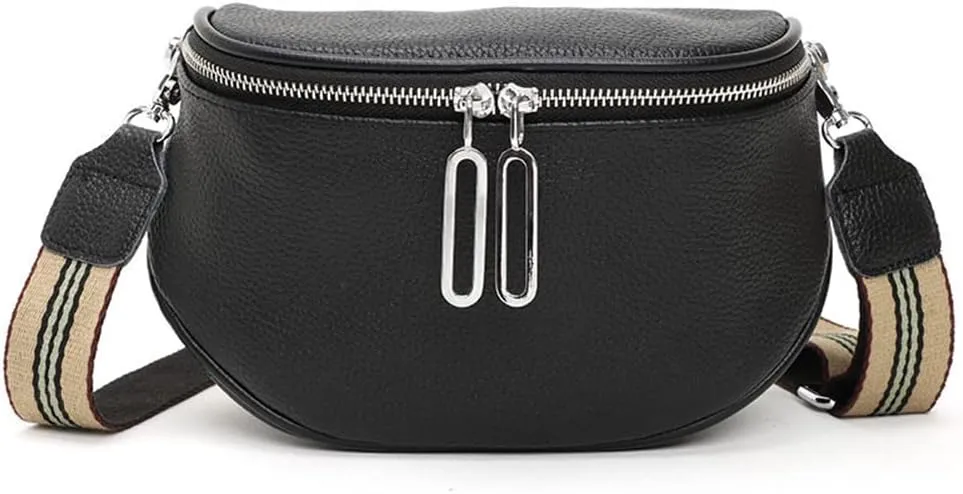 Genuine Leather Crossbody Fanny Packs for Women Fashion Belt Bag Chest Purses Casual Sling Waist Bag with Zipper Closure (Black)