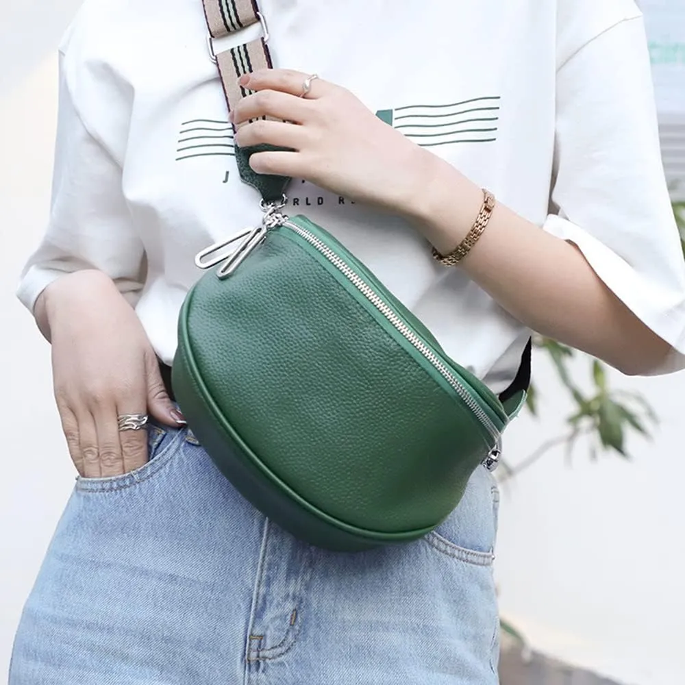 Genuine Leather Crossbody Fanny Packs for Women Fashion Belt Bag Chest Purses Casual Sling Waist Bag with Zipper Closure (Green)