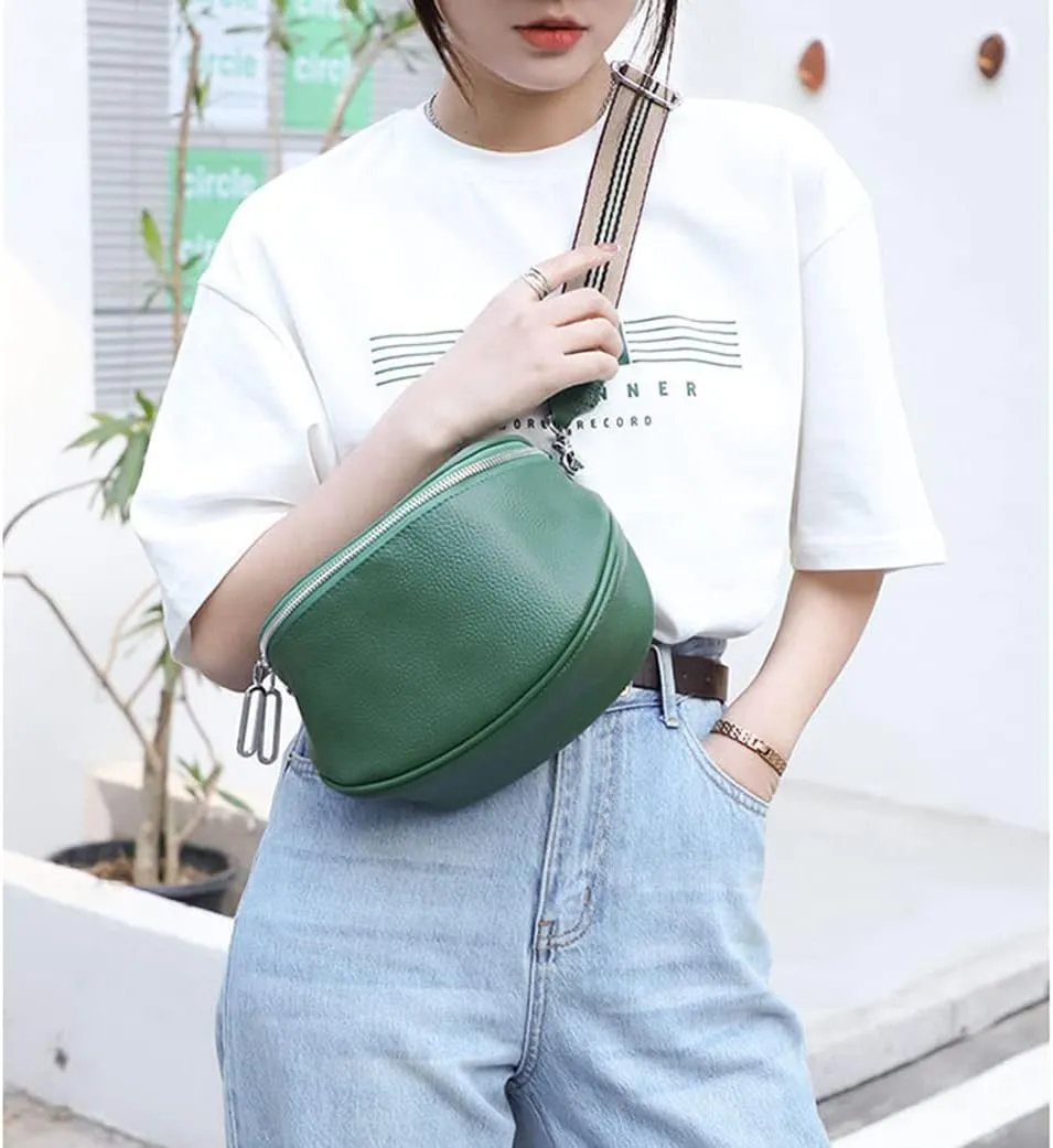 Genuine Leather Crossbody Fanny Packs for Women Fashion Belt Bag Chest Purses Casual Sling Waist Bag with Zipper Closure (Green)