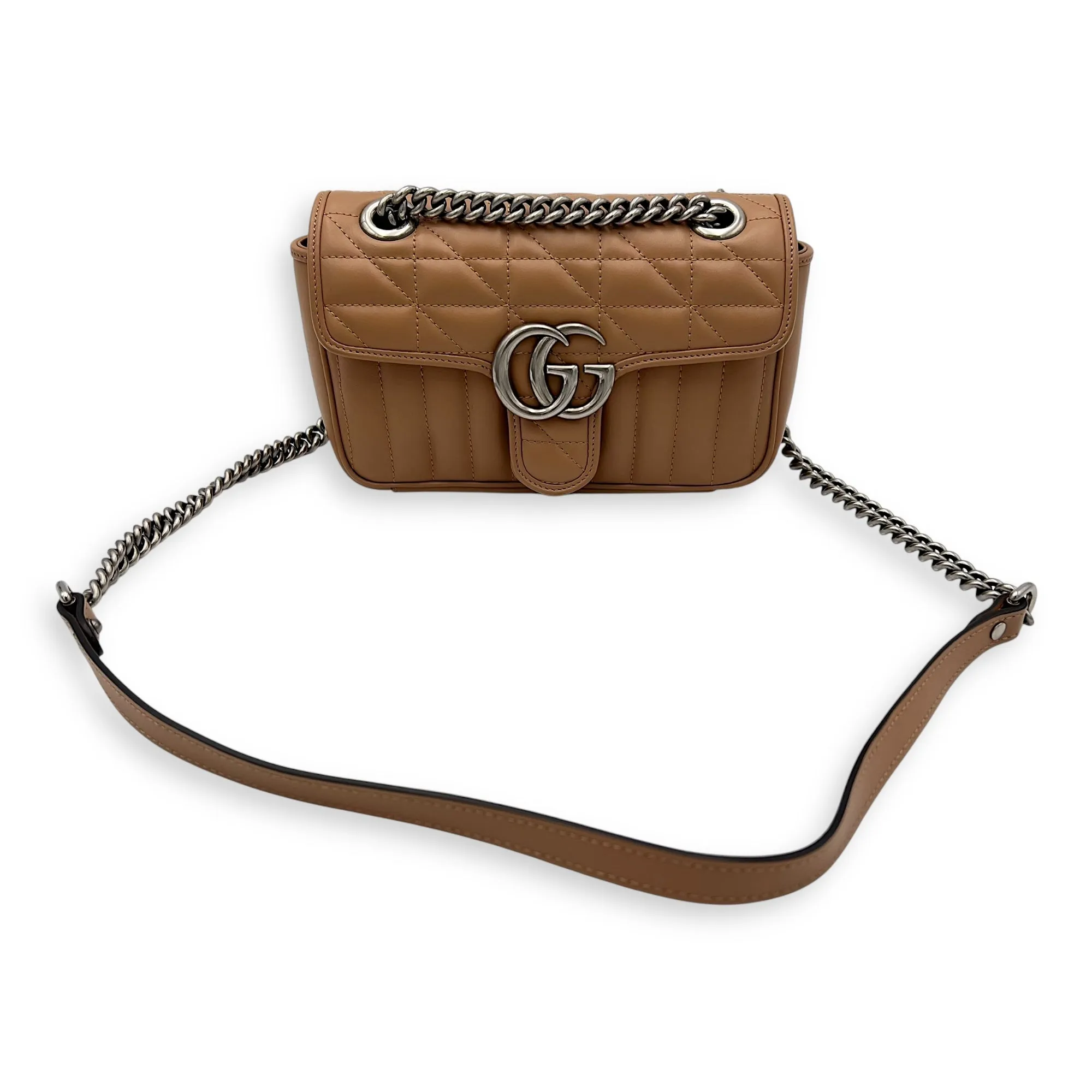 GG Marmont Mini Beige Crossbody Bag in Calfskin, Silver hardware