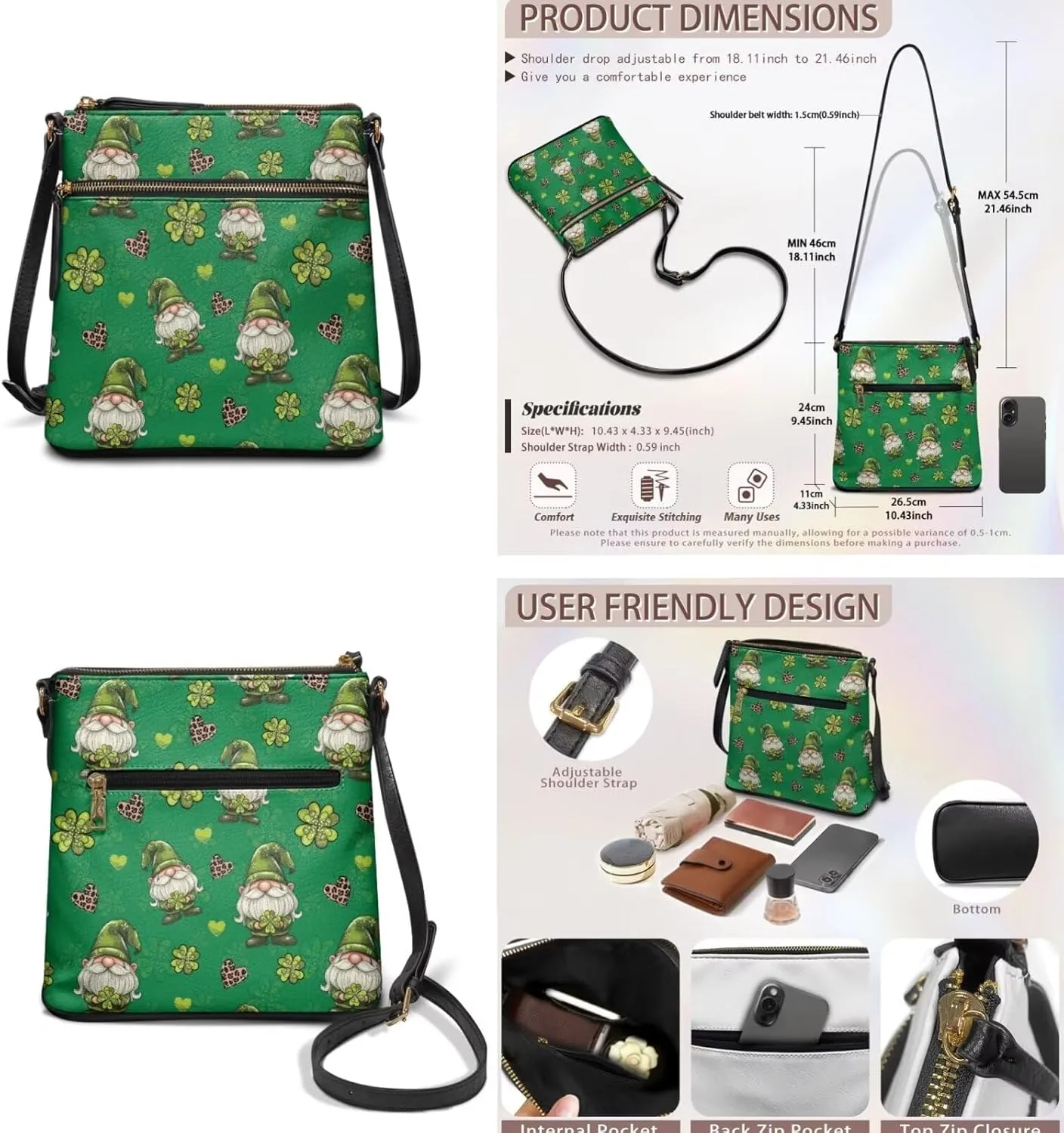 GIFTPUZZ Satchel Shoulder Bag for Women Zip Around Crossbody Purse Set for Ladies 2PCS St. Patrick's Day Gifts