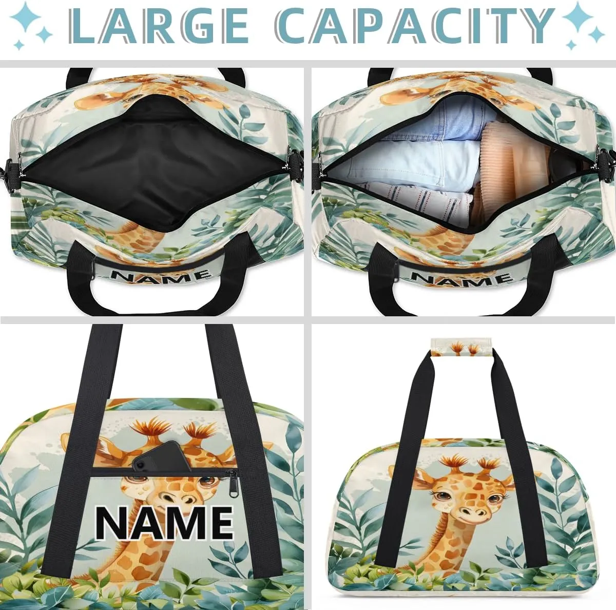 Giraffe Custom Small Gym Bag 18 inch for Women Men Personalized Animals Themed Carry On Overnight Weekender Bag for Travel Work Dance Sport