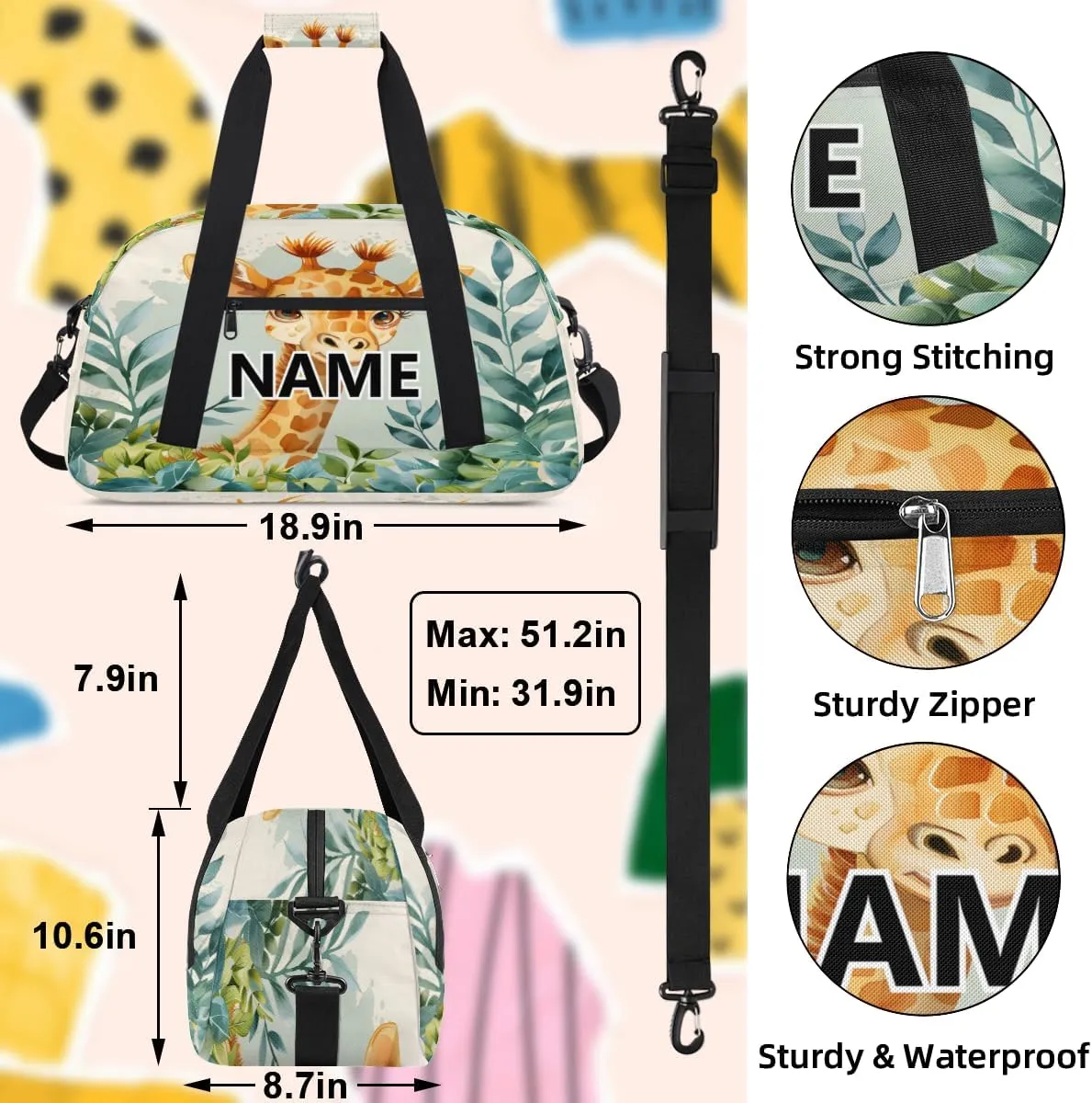 Giraffe Custom Small Gym Bag 18 inch for Women Men Personalized Animals Themed Carry On Overnight Weekender Bag for Travel Work Dance Sport