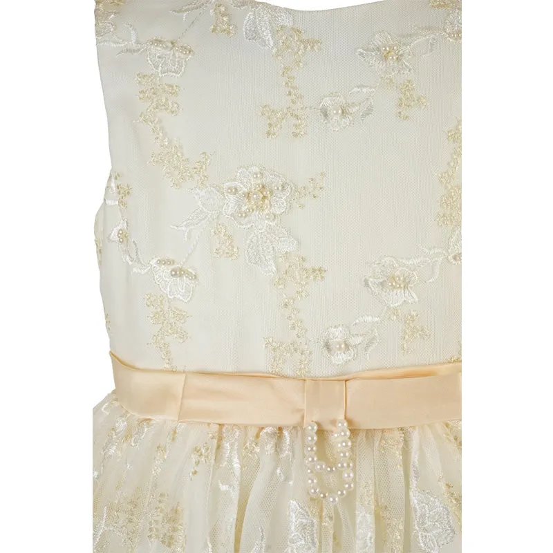 GIRLS CHAMPAGNE BEIGE TULLE BEADED & EMBROIDERED DRESS. CLEARANCE!