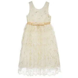 GIRLS CHAMPAGNE BEIGE TULLE BEADED & EMBROIDERED DRESS. CLEARANCE!