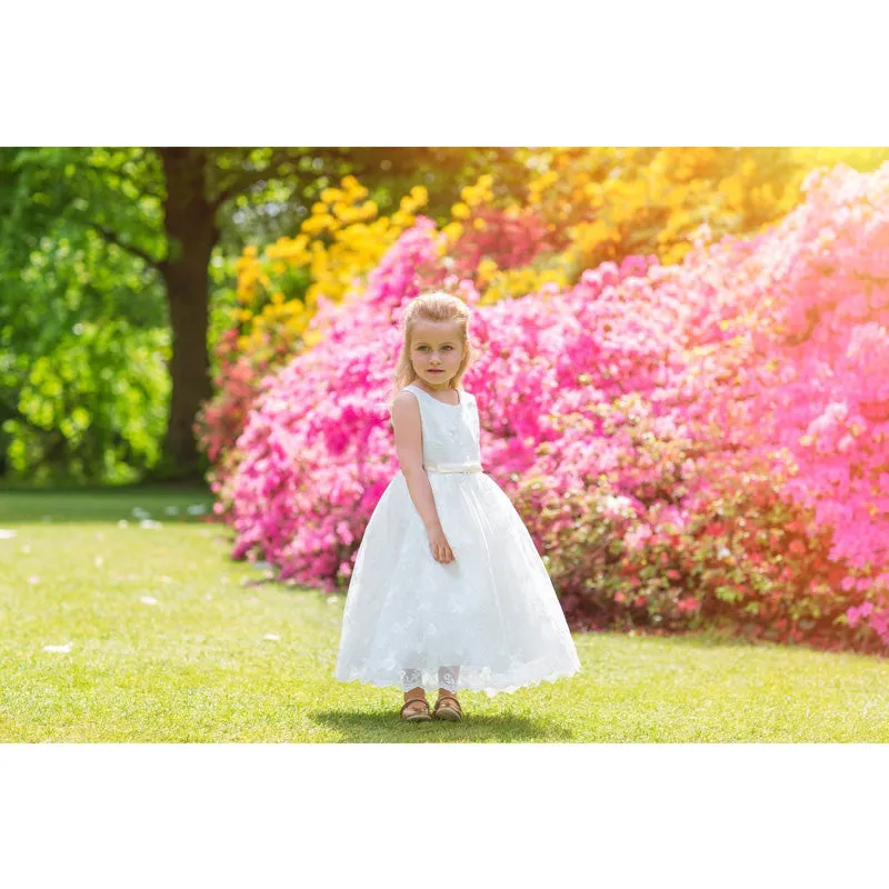 GIRLS CHAMPAGNE BEIGE TULLE BEADED & EMBROIDERED DRESS. CLEARANCE!