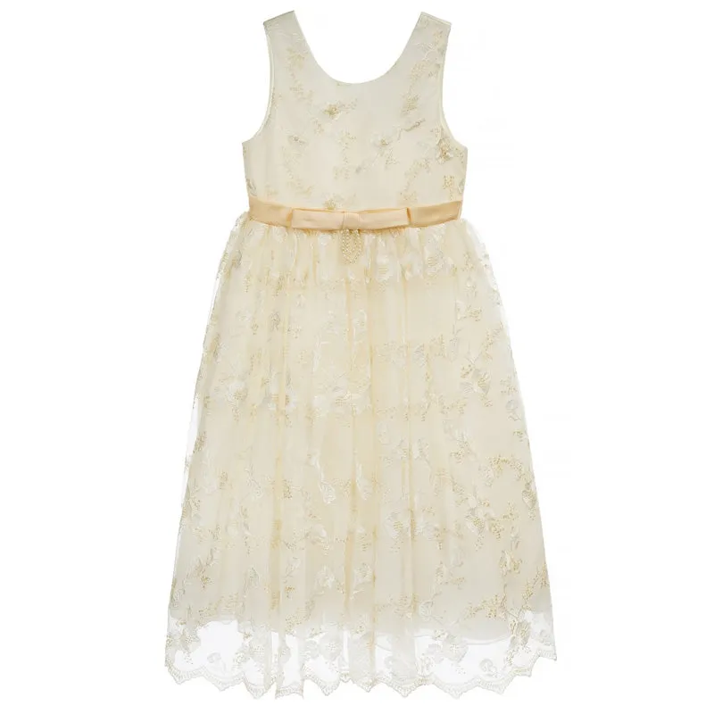 GIRLS CHAMPAGNE BEIGE TULLE BEADED & EMBROIDERED DRESS. CLEARANCE!