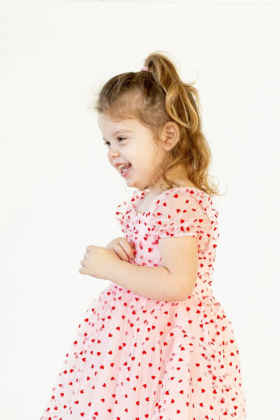 Girl's Pink Tulle and Red Hearts Puff Sleeve Dress with Ruched Chest Detail