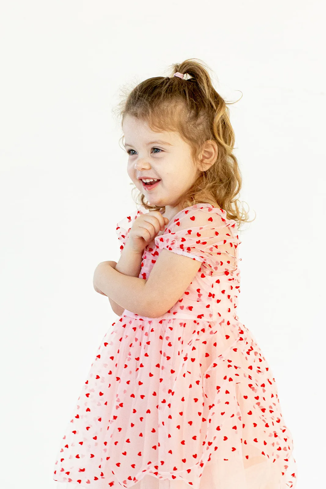 Girl's Pink Tulle and Red Hearts Puff Sleeve Dress with Ruched Chest Detail