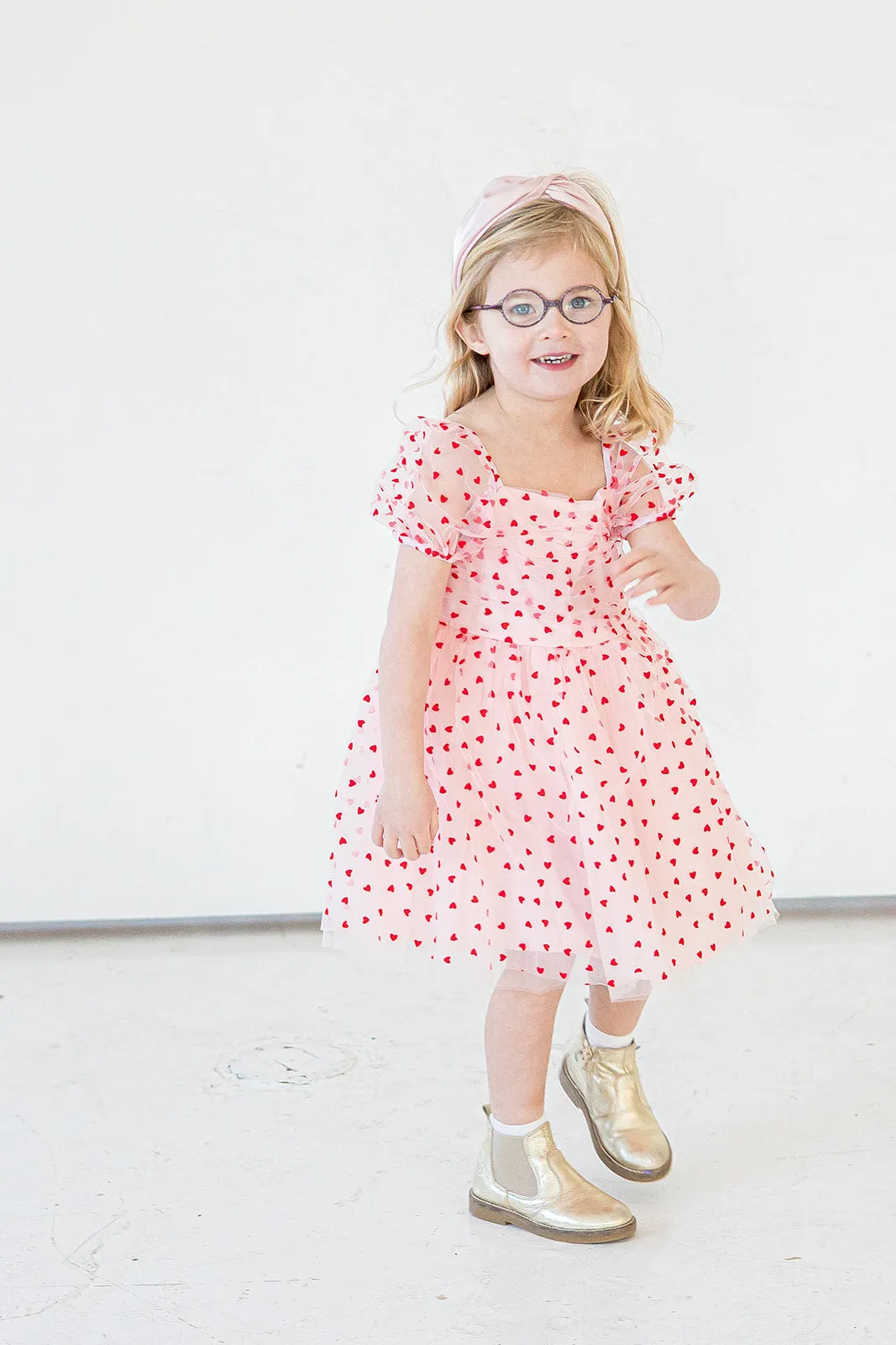 Girl's Pink Tulle and Red Hearts Puff Sleeve Dress with Ruched Chest Detail