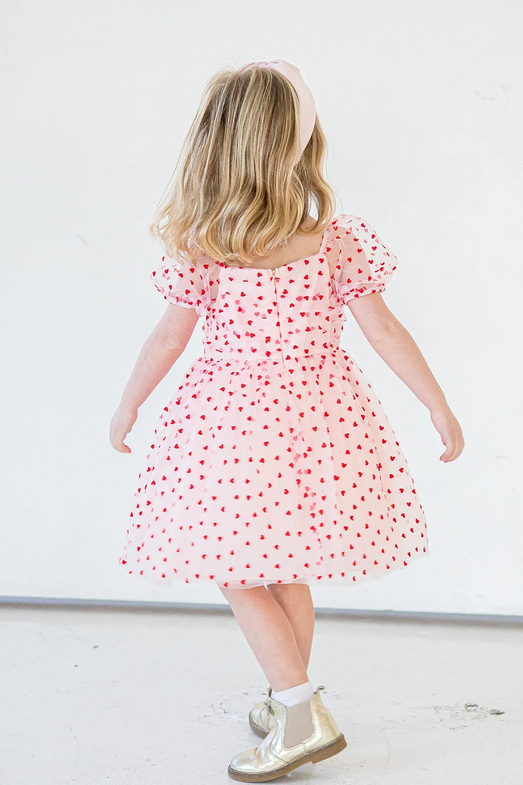 Girl's Pink Tulle and Red Hearts Puff Sleeve Dress with Ruched Chest Detail